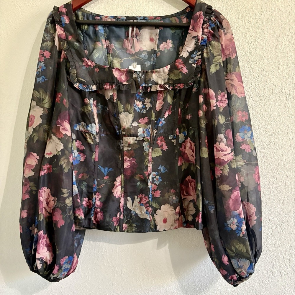 NWT Anthropologie Black Floral Corset Blouse Size M Sheer Puff Sleeve Ruffle Top - Picture 2 of 16